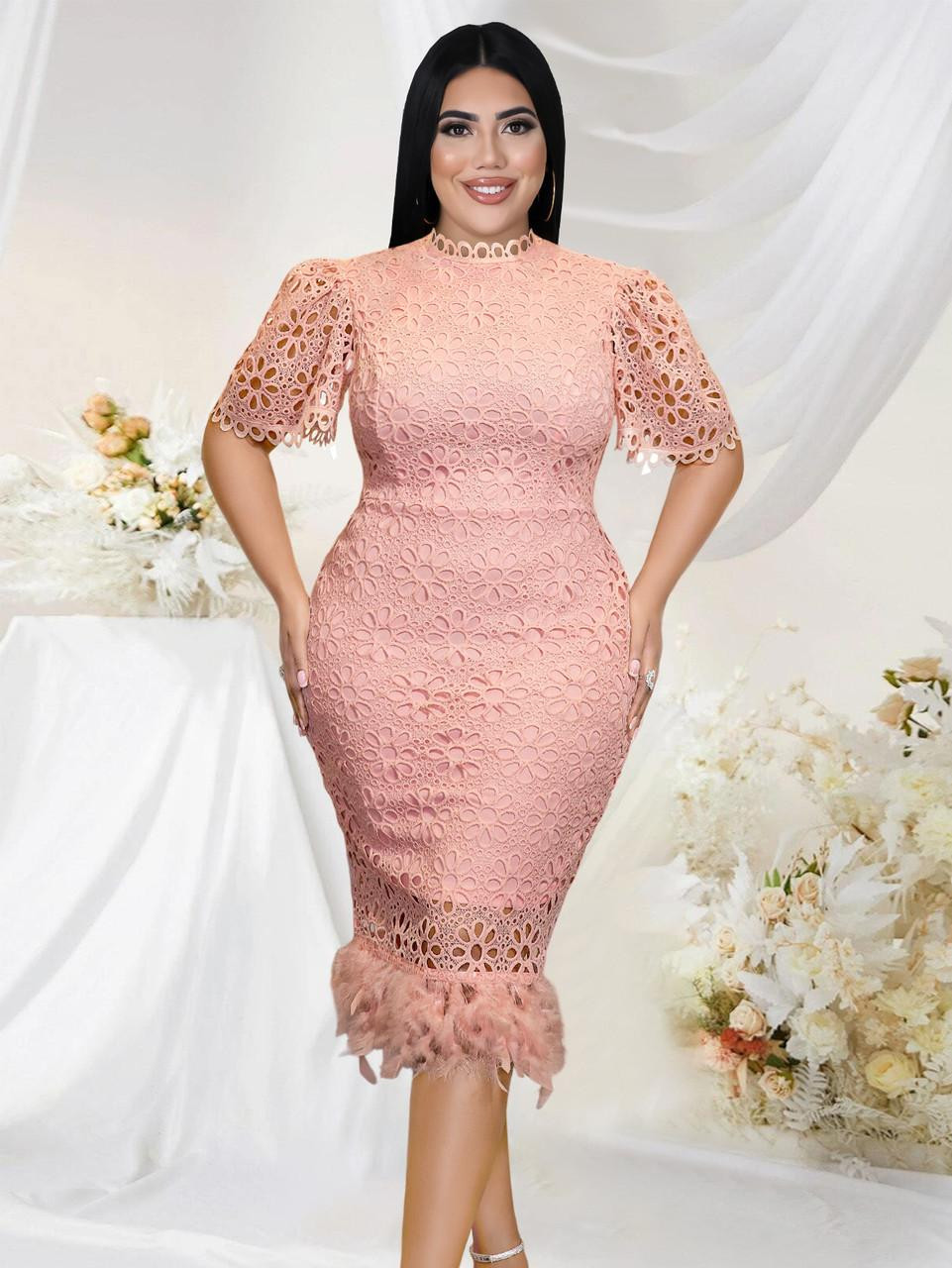 Pink Long Sleeve Lace Prom Dress Plus Size Lace Blush Cocktail