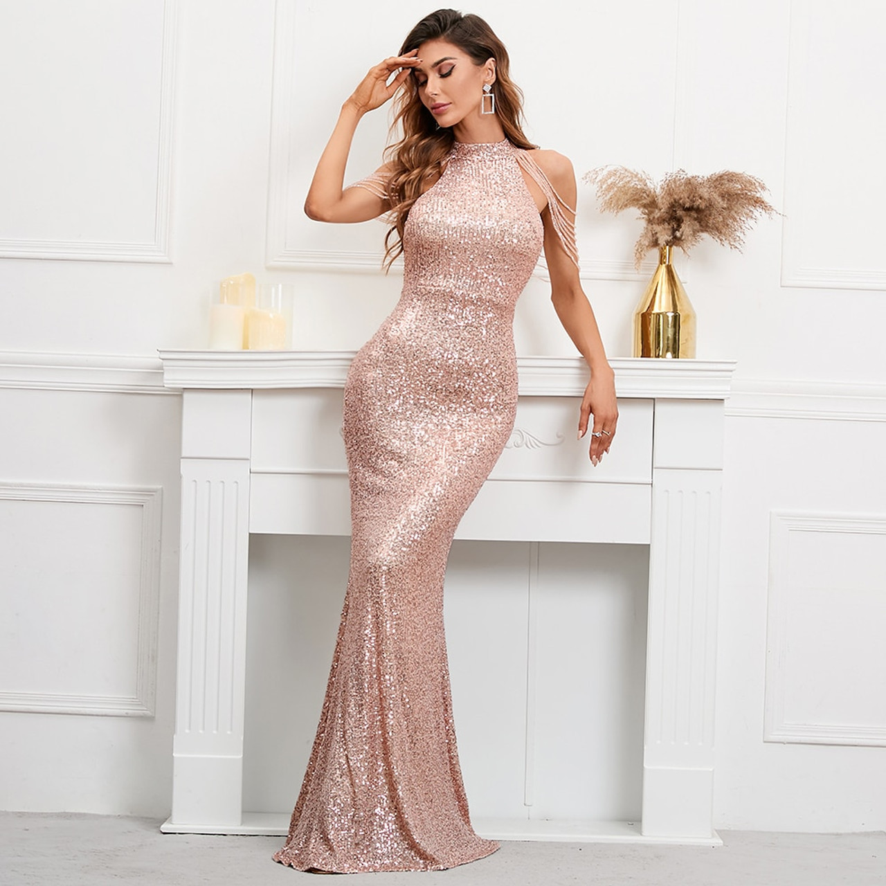 Off-Shoulder Sequin Illusion Gold Long Prom Dress With Slit Evening Go –  SQOSA