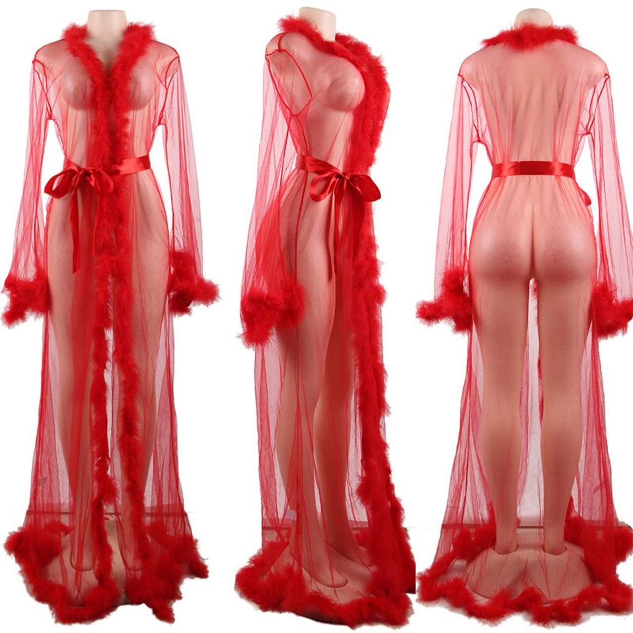 Buy ShineGown Sheer Fur Robe Peach Lingerie with Sash, Fur Trimmed  Bathrobe, Sexy Lingerie Gift, Long Feather Robe Online at desertcartEGYPT