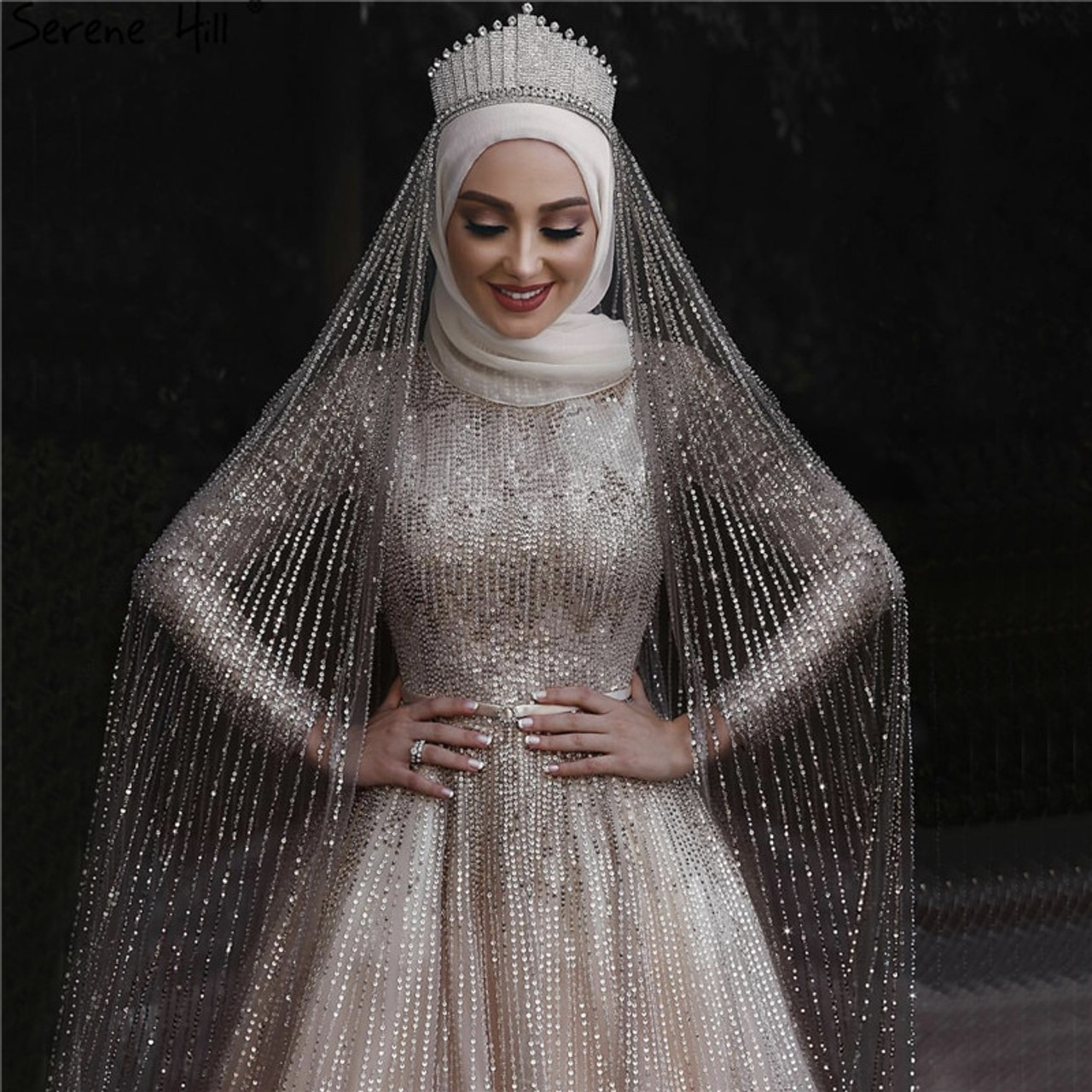 Light Blue Muslim Wedding Dresses High Neck Lace Appliques Tulle Bridal  Gowns | eBay