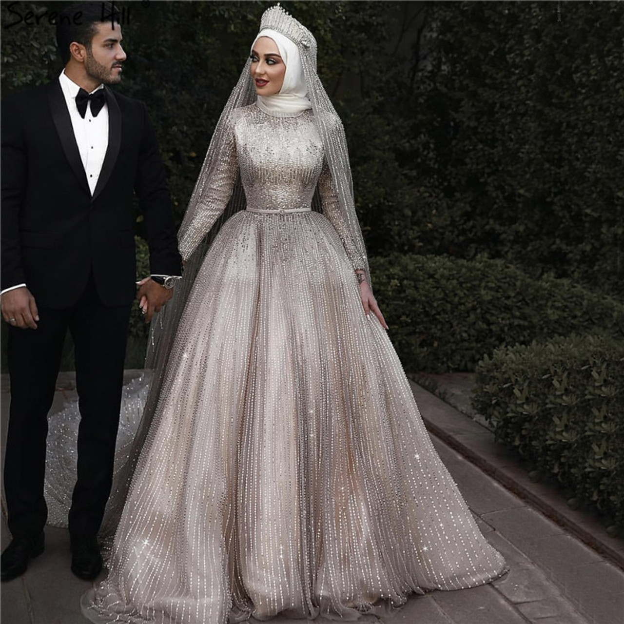 Funyue Muslim Wedding Gown for Bride 2023 Lace A-Line Arabic Dubai Long  Sleeves Hijab Islamic