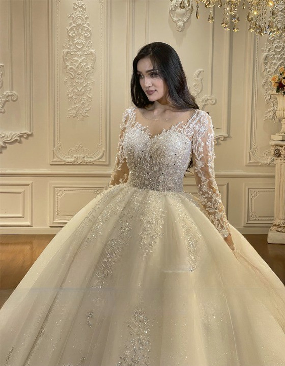 Beaded Off Shoulder Sweetheart Tulle Ball Gown Cathedral Bridal Dress -  Princessly