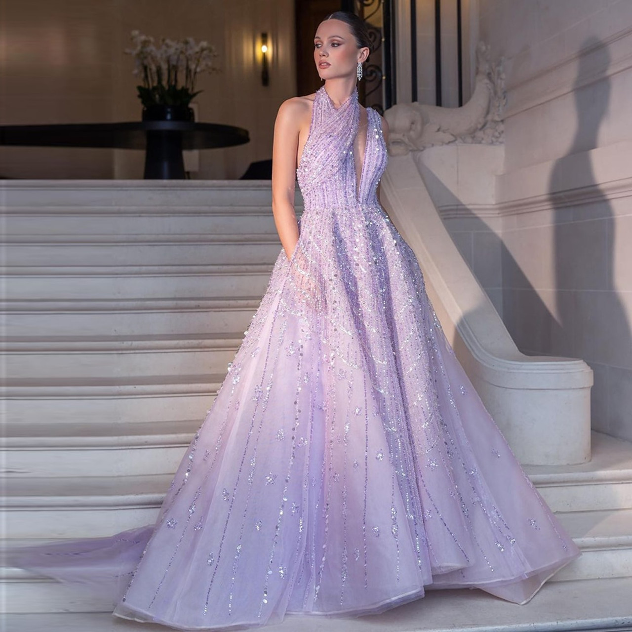 Lavender Beaded Prom Dresses 2024 V-Neck Formal Gown FD3319 – Viniodress