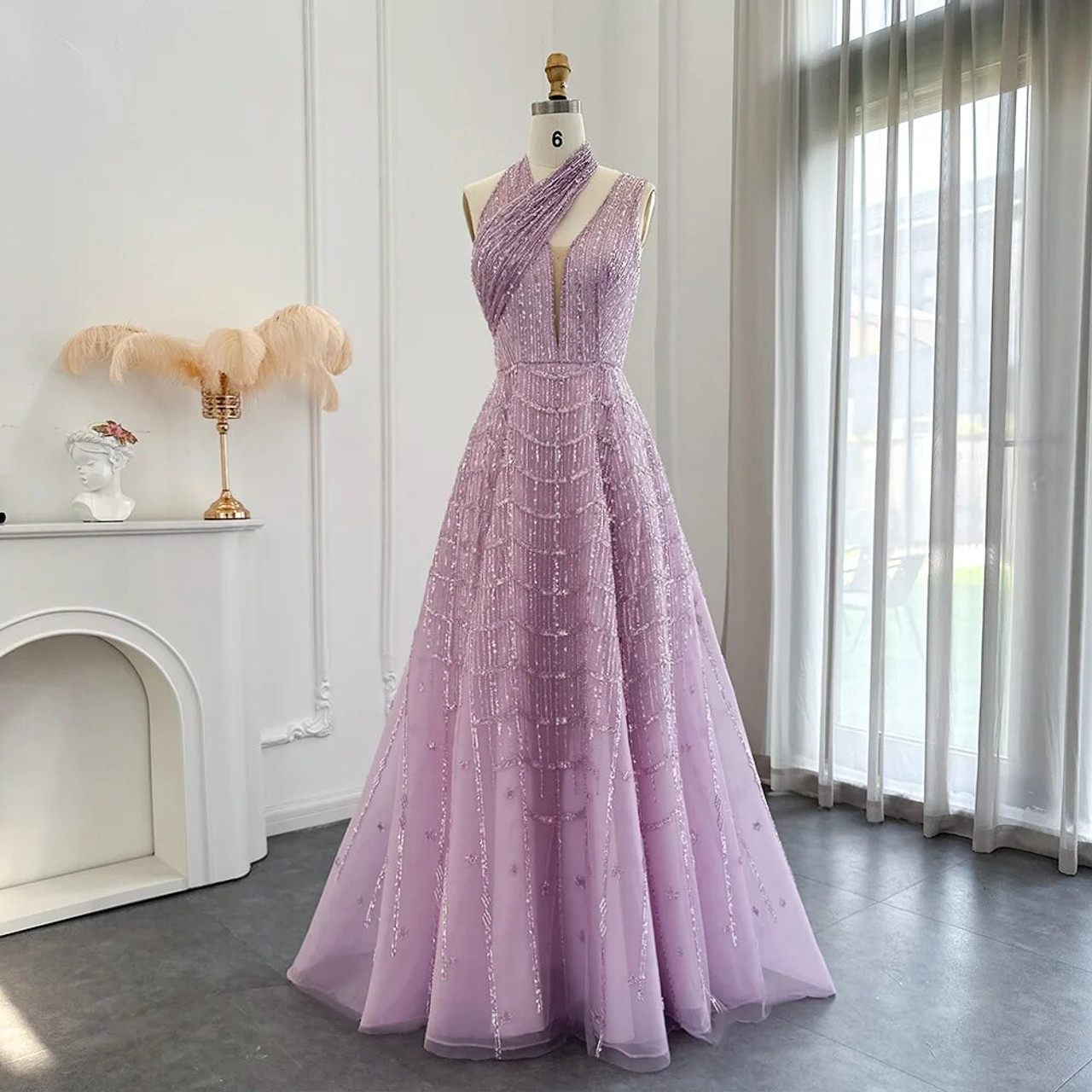 Round Neck Cap Sleeve Beading Lilac Long Prom Dress with High Slit, Pu –  abcprom