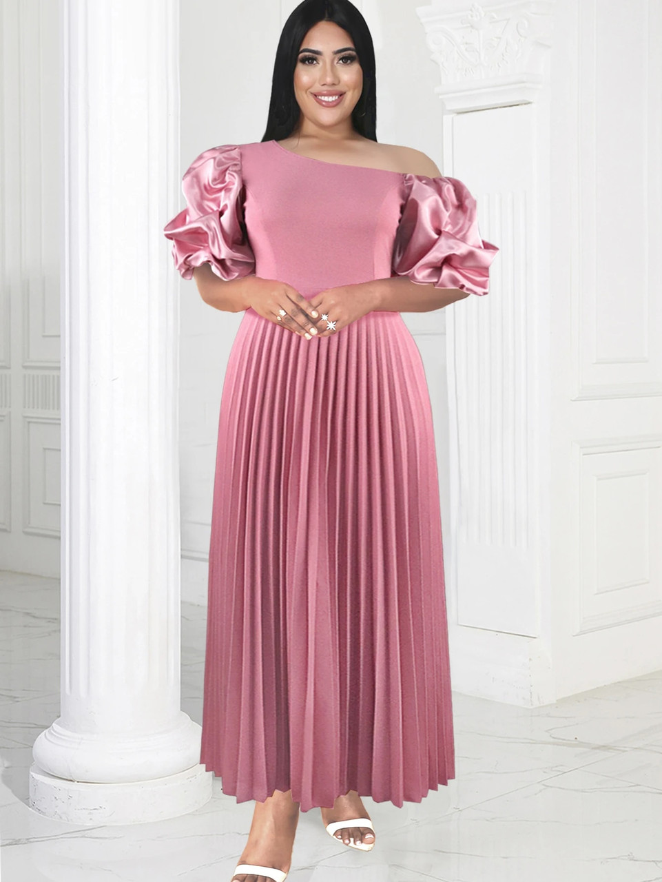 Plus Size Pink A Line Pleated Dress - Grrly Grrls