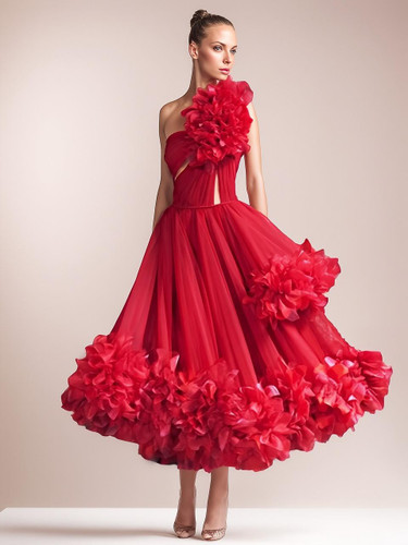 Grrly Grrls One Shoulder Red A Line Midi Dress 