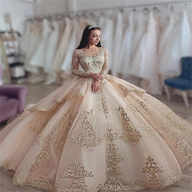  Luxury Champagne Lace Appliqued Wedding Gown 