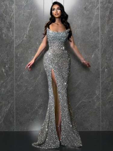Grrly Grrls Silver Starlight Strapless Sequin Gown 