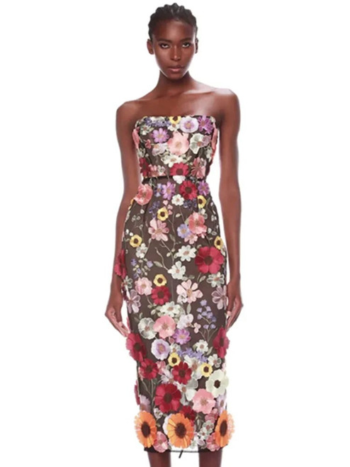 Strapless Flower Embroidery Midi Dress