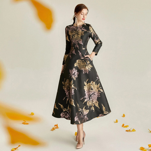 Floral Jacquard Long Sleeve Midi Dress