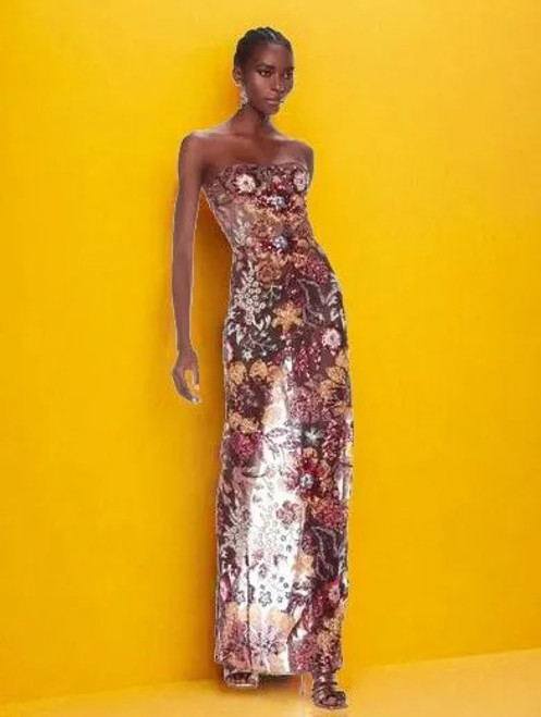 Strapless Floral Sequined Maxi Dress