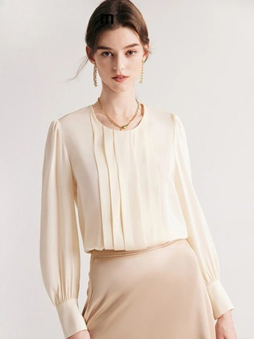 Round Collar Pleated Silk Blouse