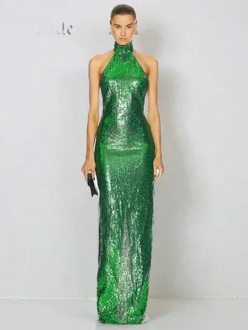 High Neck Backless Sequined Dress