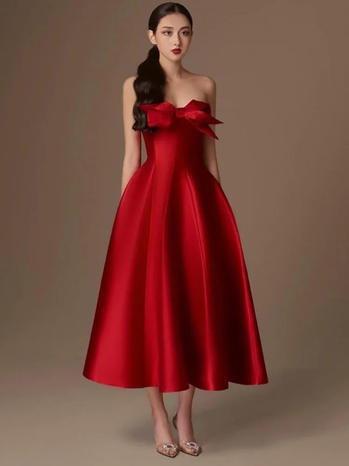 Bow Pleated Satin Midi Dress