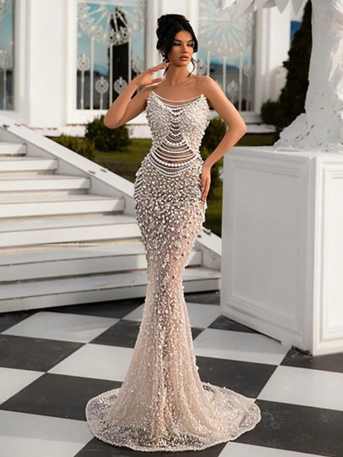 Strapless Pearl Sequins Maxi Dress