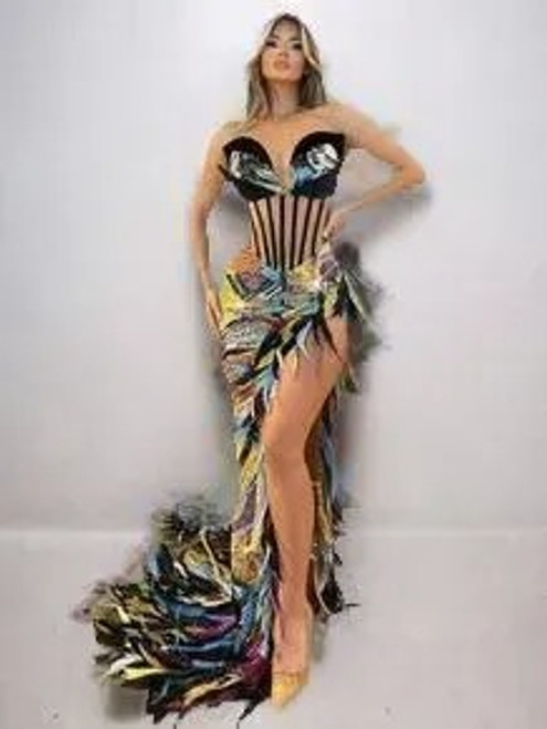Strapless Sequined Feather Maxi Dress 