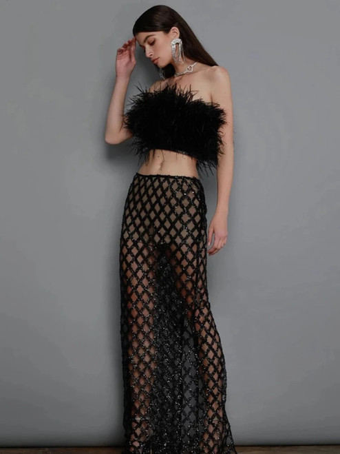 Feather Mesh Sequined Skirt Set