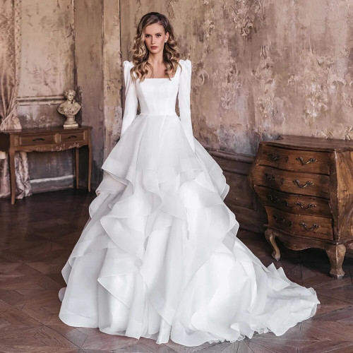 Long Sleeve Tiered Skirt Bridal Gown