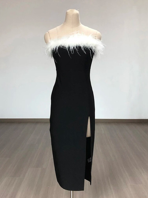 Black Strapless White Feather Dress