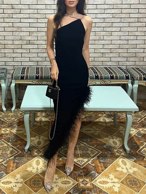 One Shoulder Feather Midi Dress