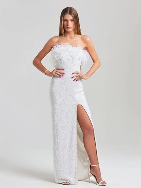 Strapless Feather Sequined High Split Dress