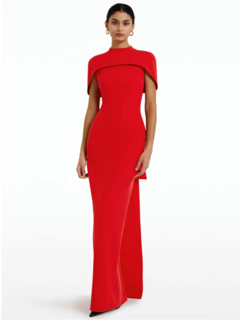 Red  Cape Collar Maxi Dress