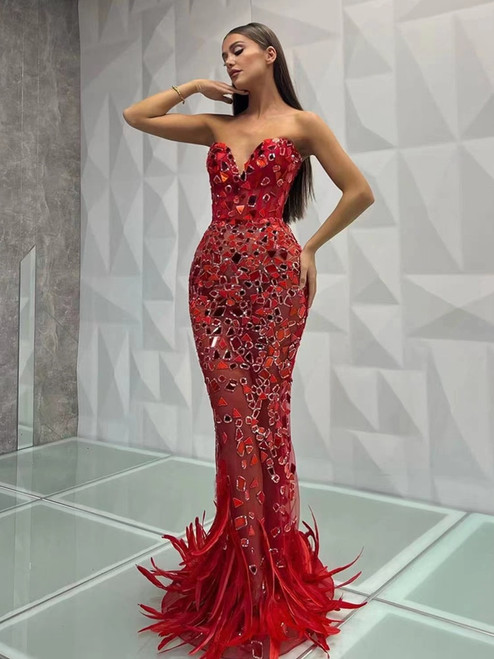 Strapless Feather Red Mirror Maxi Dress