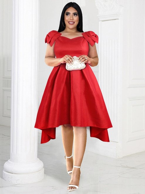 Plus Size Red Pleated Off Shoulder Dress