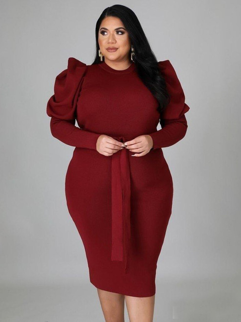 Plus Size Belted O-Neck Midi Dress