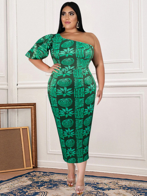 Plus Size One Shoulder Green Dress