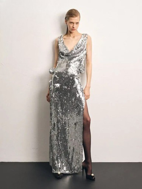 Backless Silver Sequined Gown