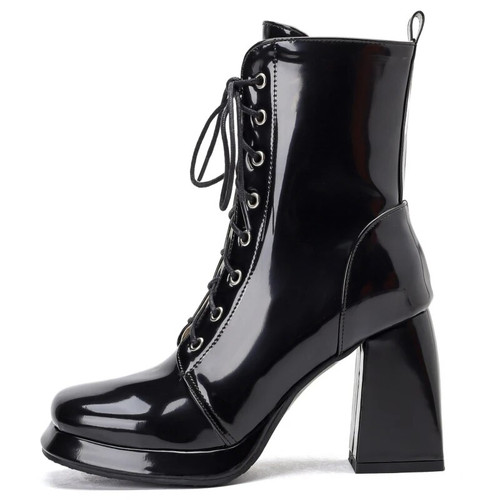 Patent Leather Lace-up Ankle Boots