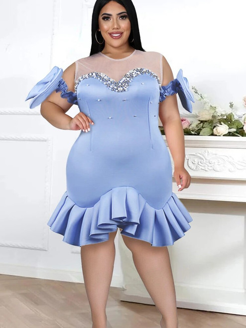 Plus Size Blue Ruffle Beaded Dress