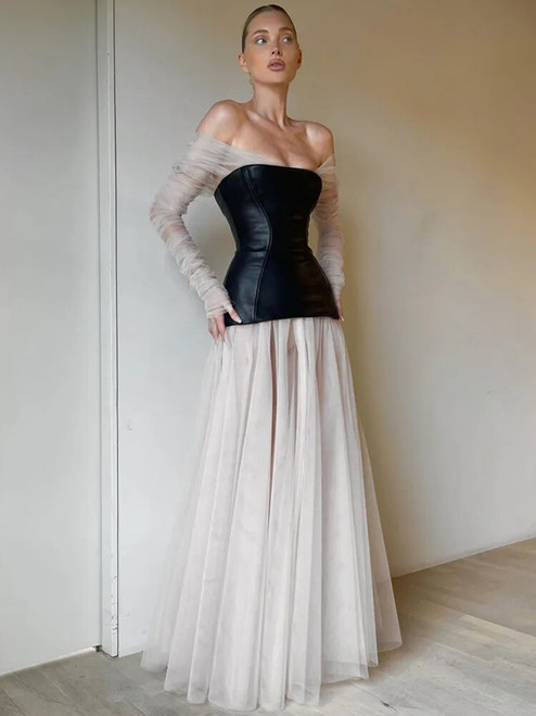 Off Shoulder Leather Pleated Maxi Gown