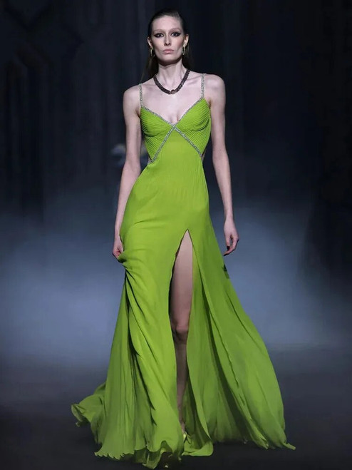 V Neck Sequined Green Maxi Dress