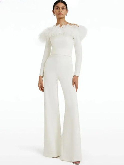 Long Sleeve Spliced Feather Jumpsuit