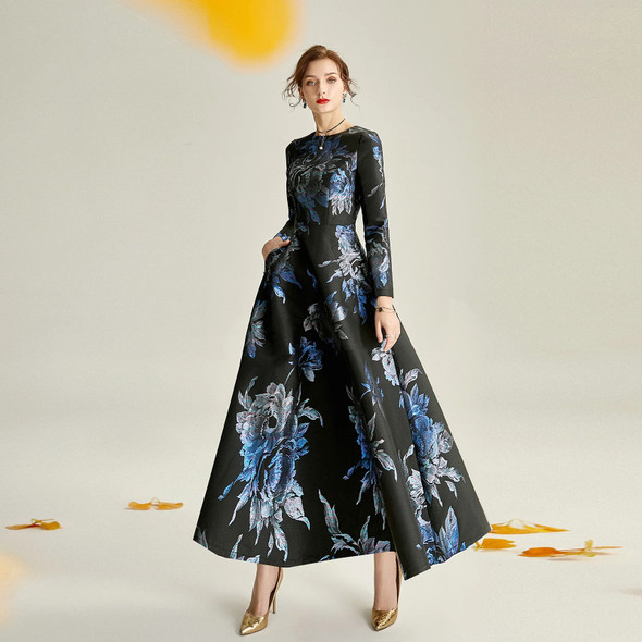 Floral Jacquard Long Sleeve Midi Dress