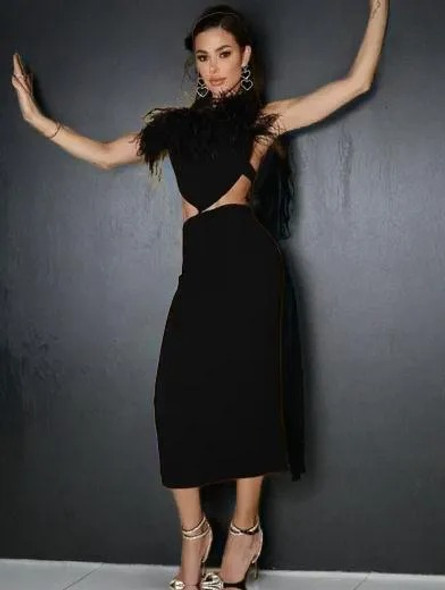 Cut Out Black Feather Dress 