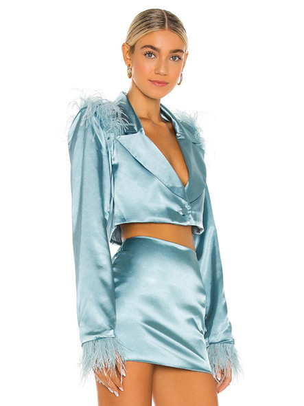 Satin Feathered Top & Mini Skirt Set