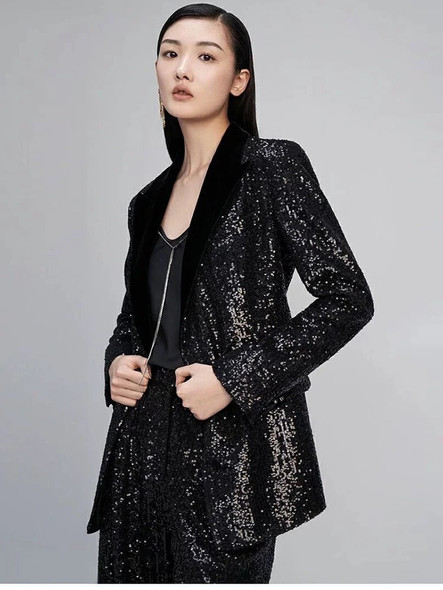 Double Breasted Black Sequined Blazer