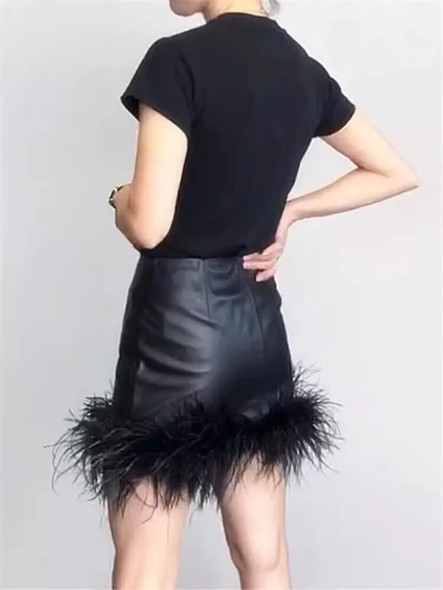 Genuine Leather Feather Mini Skirt