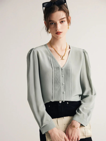  V Neck Silk Crepe Chic Blouse