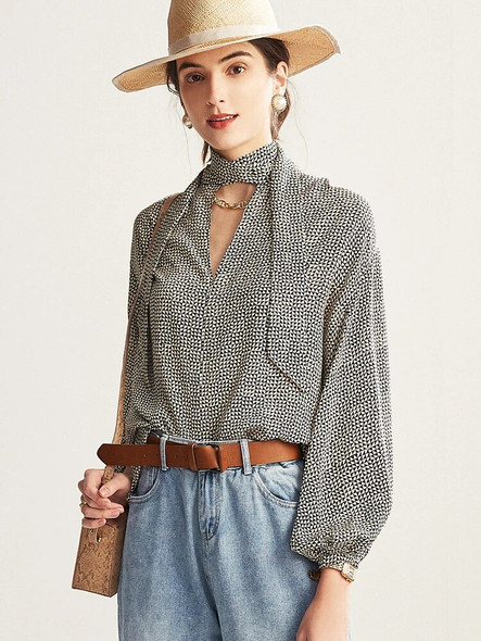 Printed Silk Bow Collar Blouse