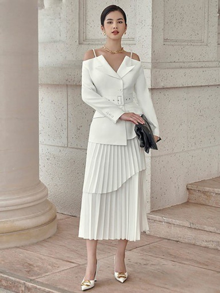 Trendy Blazer Pleated Skirt Suit 