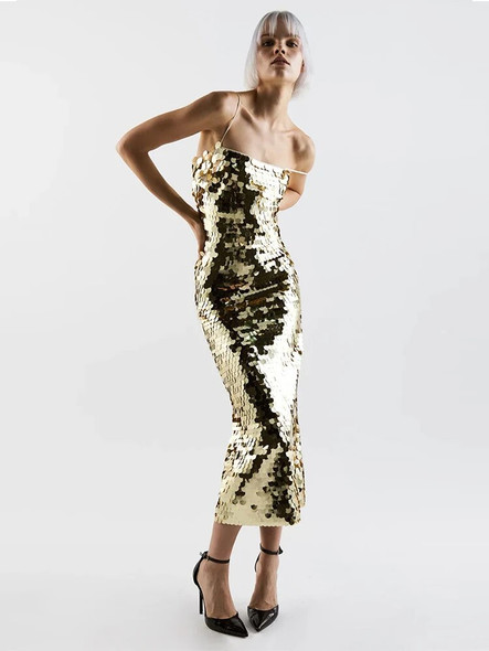  Gold Sequined Backless Slim Dress