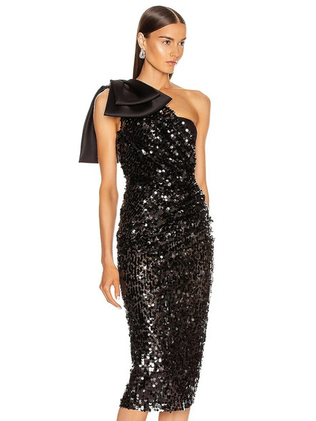 One Shoulder Bow Sequined Midi Dress
