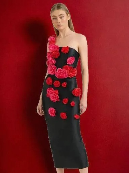 Flower Appliques Black Midi Dress