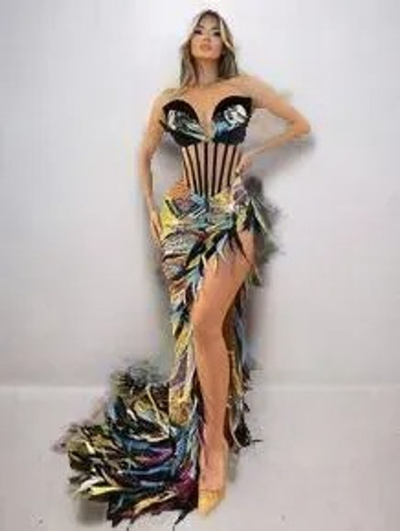 Strapless Sequined Feather Maxi Dress 