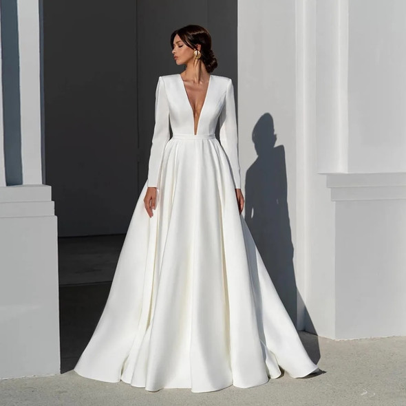 Long Sleeve Satin Belted Bridal Gown