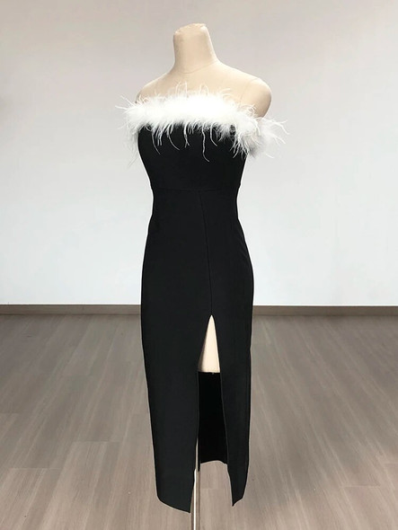 Black Strapless White Feather Dress